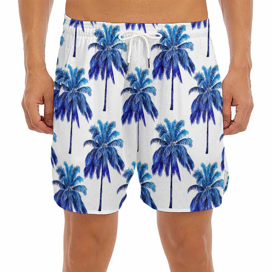 Blue Palm Tree Pattern Print Men's Split Running Shorts