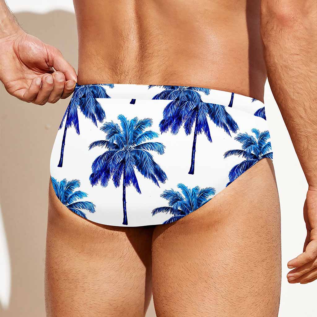 Blue Palm Tree Pattern Print Men's Swim Briefs