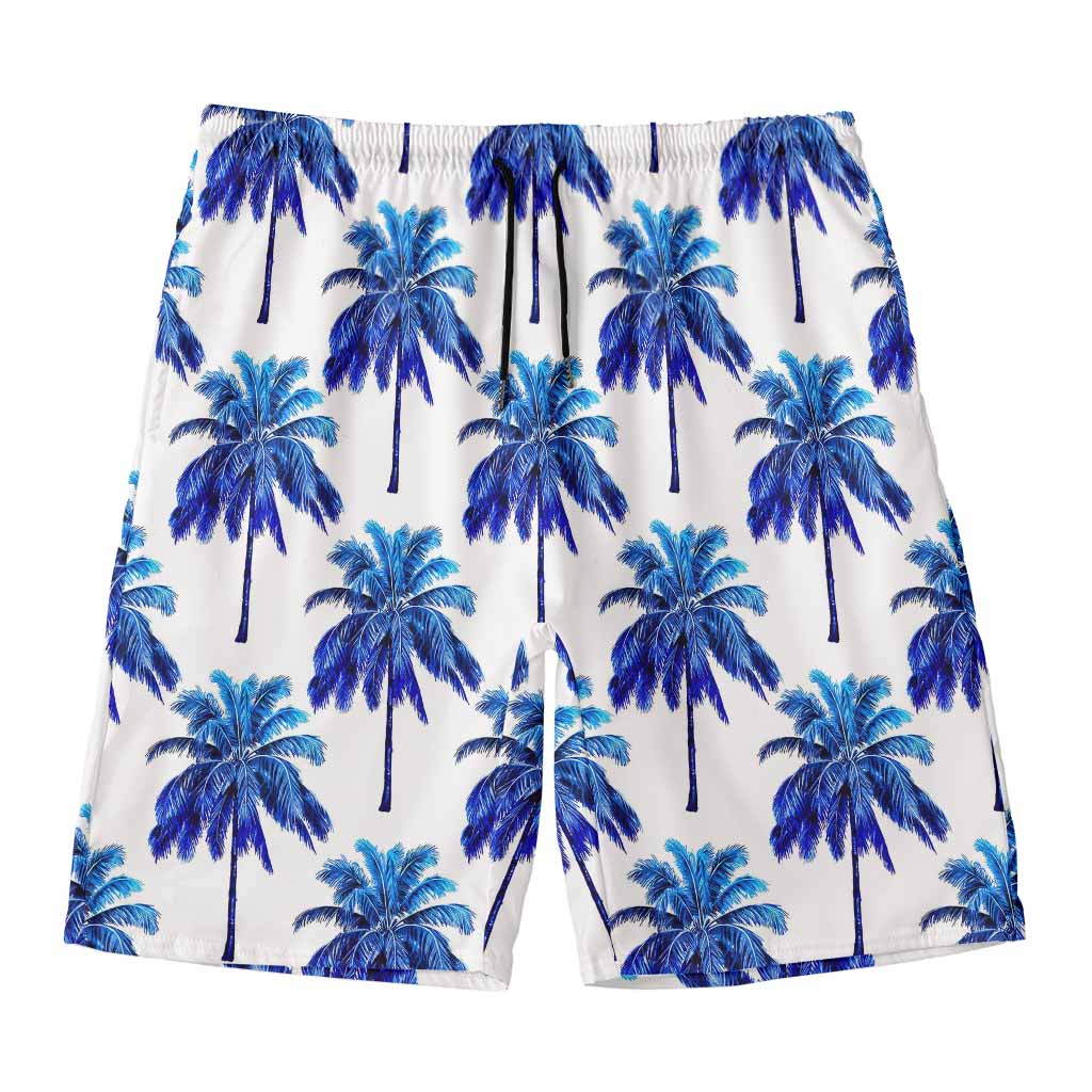 Blue Palm Tree Pattern Print Men's Swim Trunks