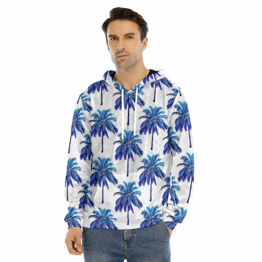 Blue Palm Tree Pattern Print Men's Velvet Pullover Hoodie