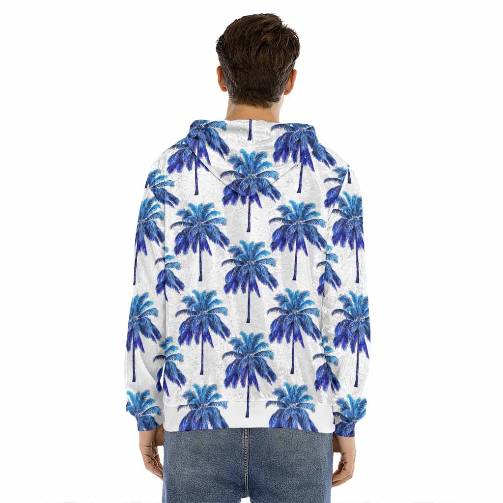 Blue Palm Tree Pattern Print Men's Velvet Pullover Hoodie