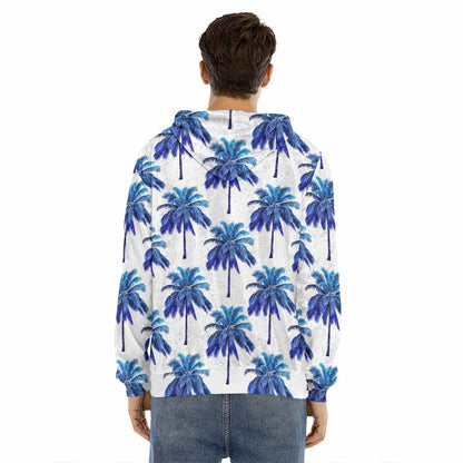Blue Palm Tree Pattern Print Men's Velvet Pullover Hoodie