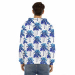 Blue Palm Tree Pattern Print Men's Velvet Pullover Hoodie