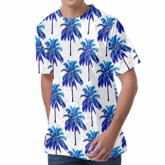 Blue Palm Tree Pattern Print Men's Velvet T-Shirt
