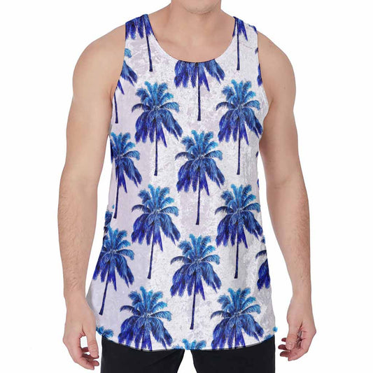 Blue Palm Tree Pattern Print Men's Velvet Tank Top