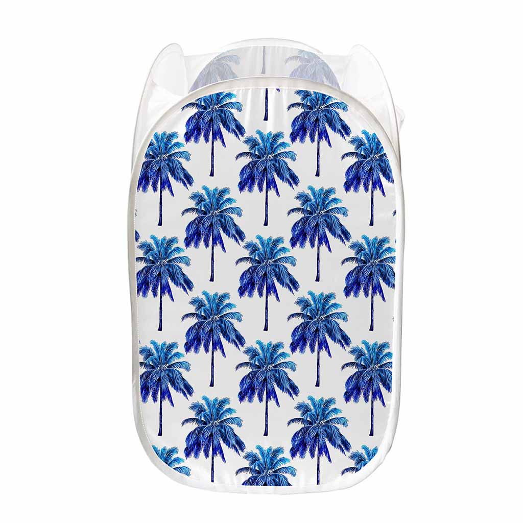 Blue Palm Tree Pattern Print Mesh Laundry Hamper