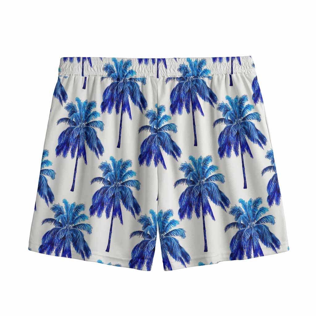 Blue Palm Tree Pattern Print Mesh Shorts