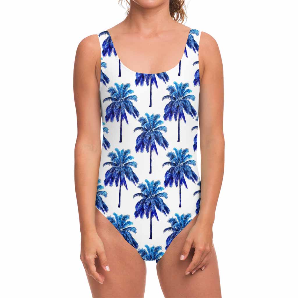 Blue Palm Tree Pattern Print One Piece Swimsuit