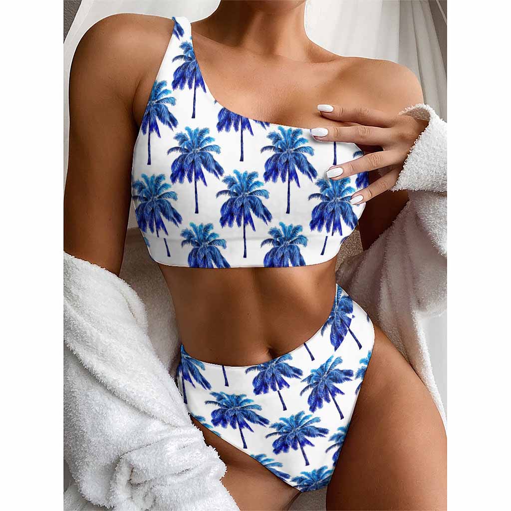 Blue Palm Tree Pattern Print One Shoulder Bikini Top
