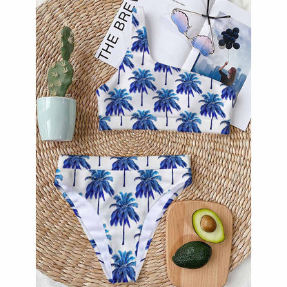 Blue Palm Tree Pattern Print One Shoulder Bikini Top