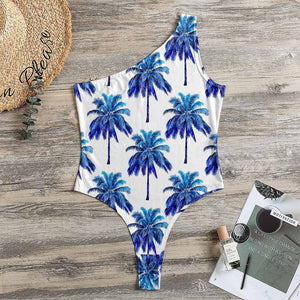 Blue Palm Tree Pattern Print One Shoulder Bodysuit