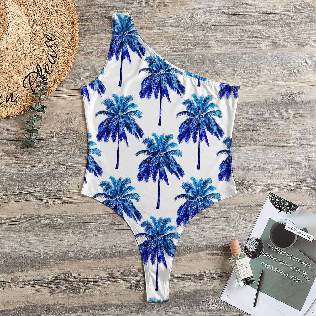 Blue Palm Tree Pattern Print One Shoulder Bodysuit