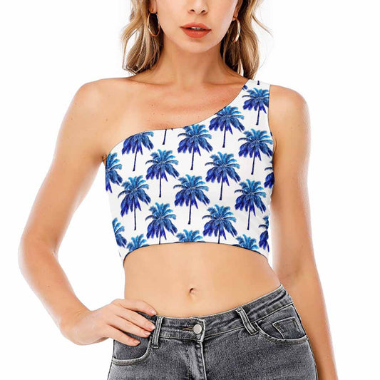 Blue Palm Tree Pattern Print One Shoulder Crop Top