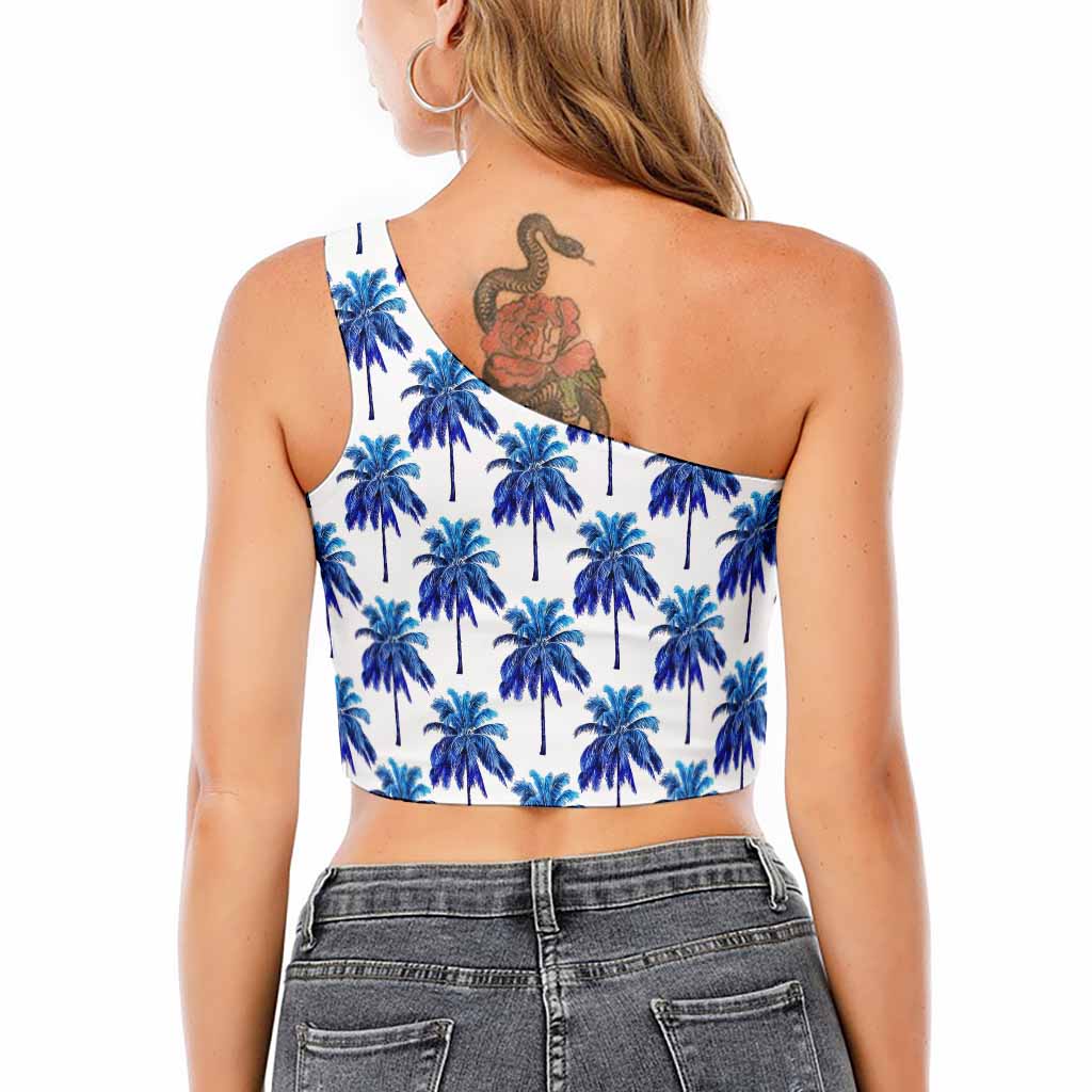 Blue Palm Tree Pattern Print One Shoulder Crop Top