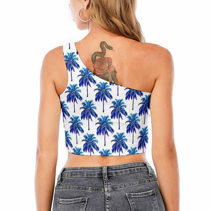 Blue Palm Tree Pattern Print One Shoulder Crop Top