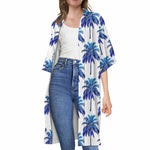 Blue Palm Tree Pattern Print Open Front Beach Cover Up