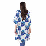 Blue Palm Tree Pattern Print Open Front Beach Cover Up