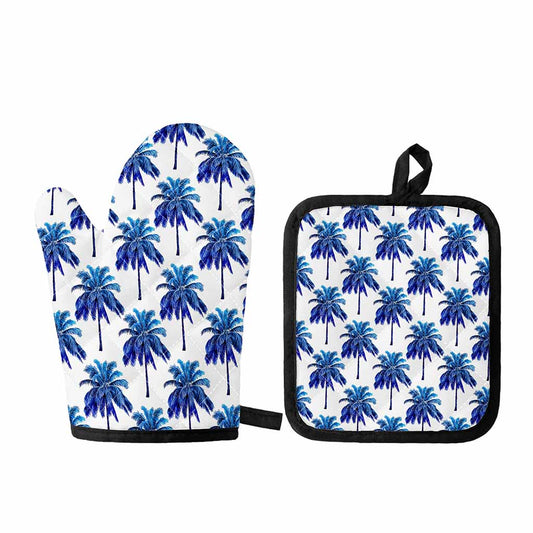 Blue Palm Tree Pattern Print Oven Mitt And Pot Holder Set