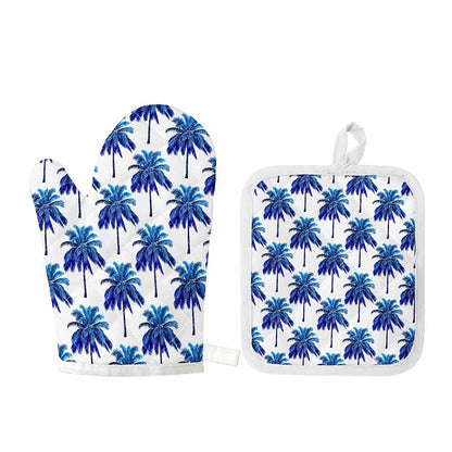 Blue Palm Tree Pattern Print Oven Mitt And Pot Holder Set