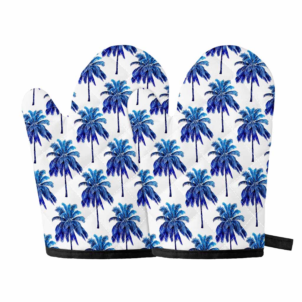 Blue Palm Tree Pattern Print Oven Mitts