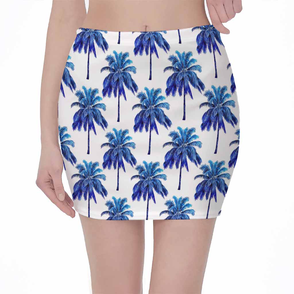 Blue Palm Tree Pattern Print Pencil Mini Skirt