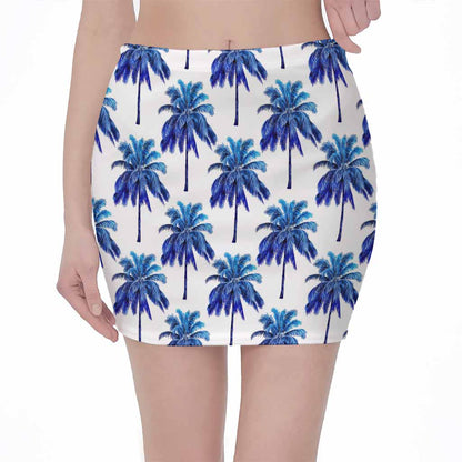 Blue Palm Tree Pattern Print Pencil Mini Skirt
