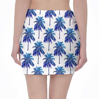 Blue Palm Tree Pattern Print Pencil Mini Skirt