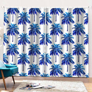 Blue Palm Tree Pattern Print Pencil Pleat Curtains