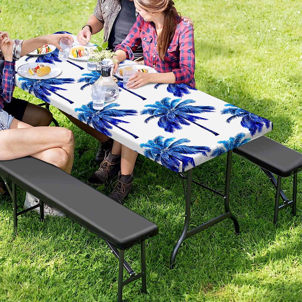 Blue Palm Tree Pattern Print Picnic Table Cover