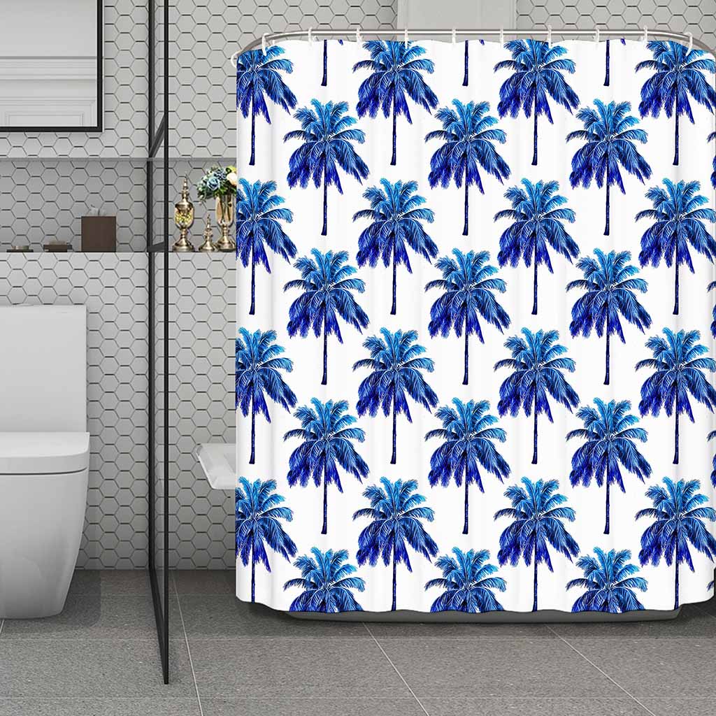 Blue Palm Tree Pattern Print Polyester Shower Curtain