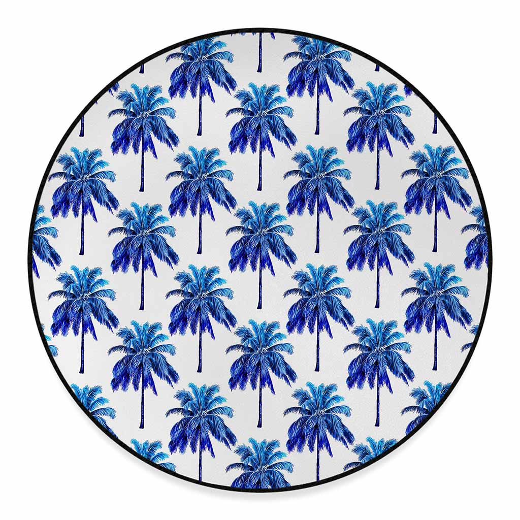 Blue Palm Tree Pattern Print Round Floor Mat