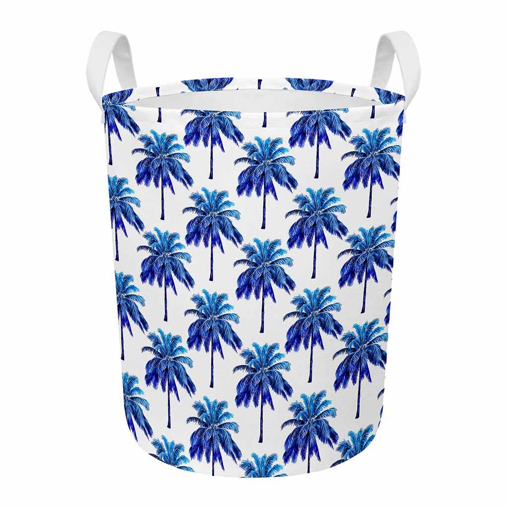 Blue Palm Tree Pattern Print Round Laundry Basket