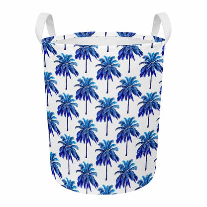Blue Palm Tree Pattern Print Round Laundry Basket