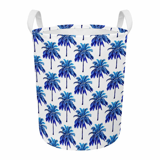 Blue Palm Tree Pattern Print Round Laundry Basket
