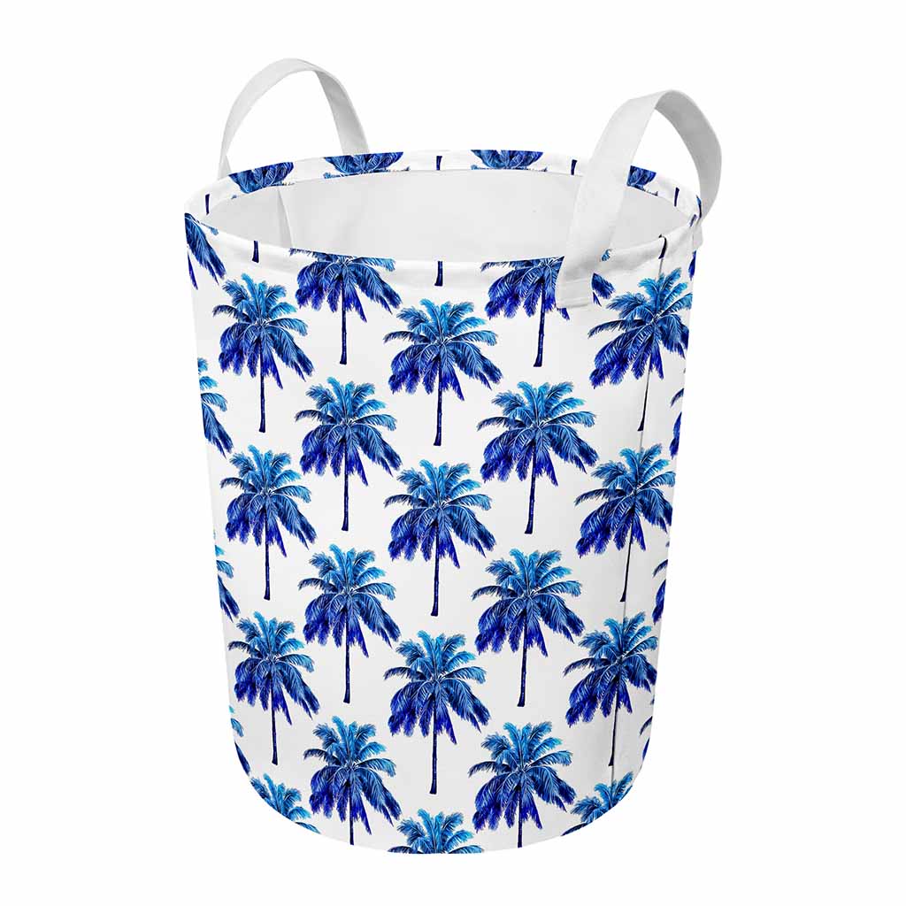 Blue Palm Tree Pattern Print Round Laundry Basket