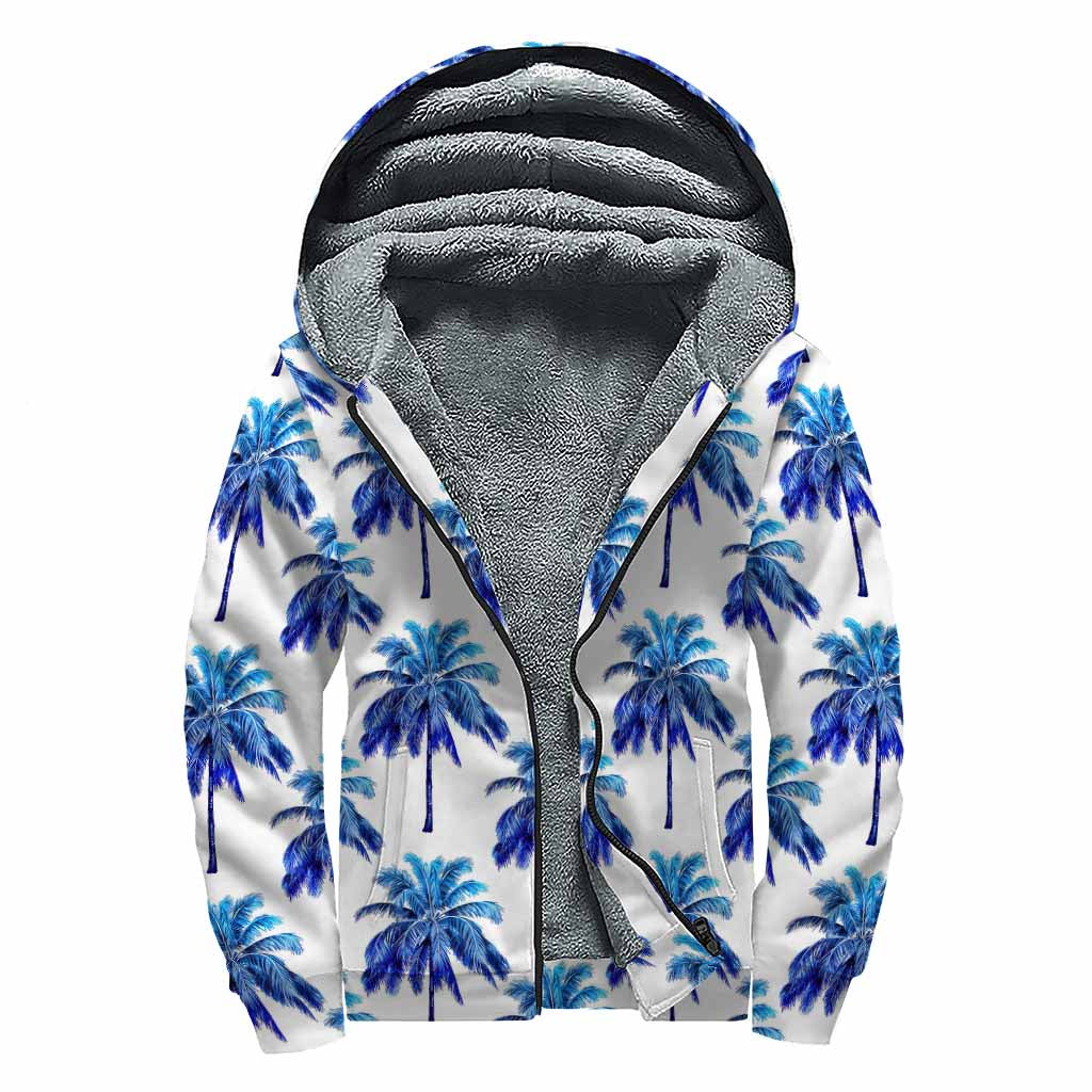 Blue Palm Tree Pattern Print Sherpa Lined Zip Up Hoodie