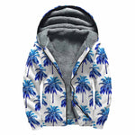 Blue Palm Tree Pattern Print Sherpa Lined Zip Up Hoodie