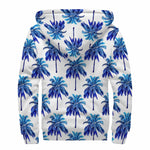 Blue Palm Tree Pattern Print Sherpa Lined Zip Up Hoodie