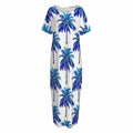 Blue Palm Tree Pattern Print Short Sleeve Long Nightdress