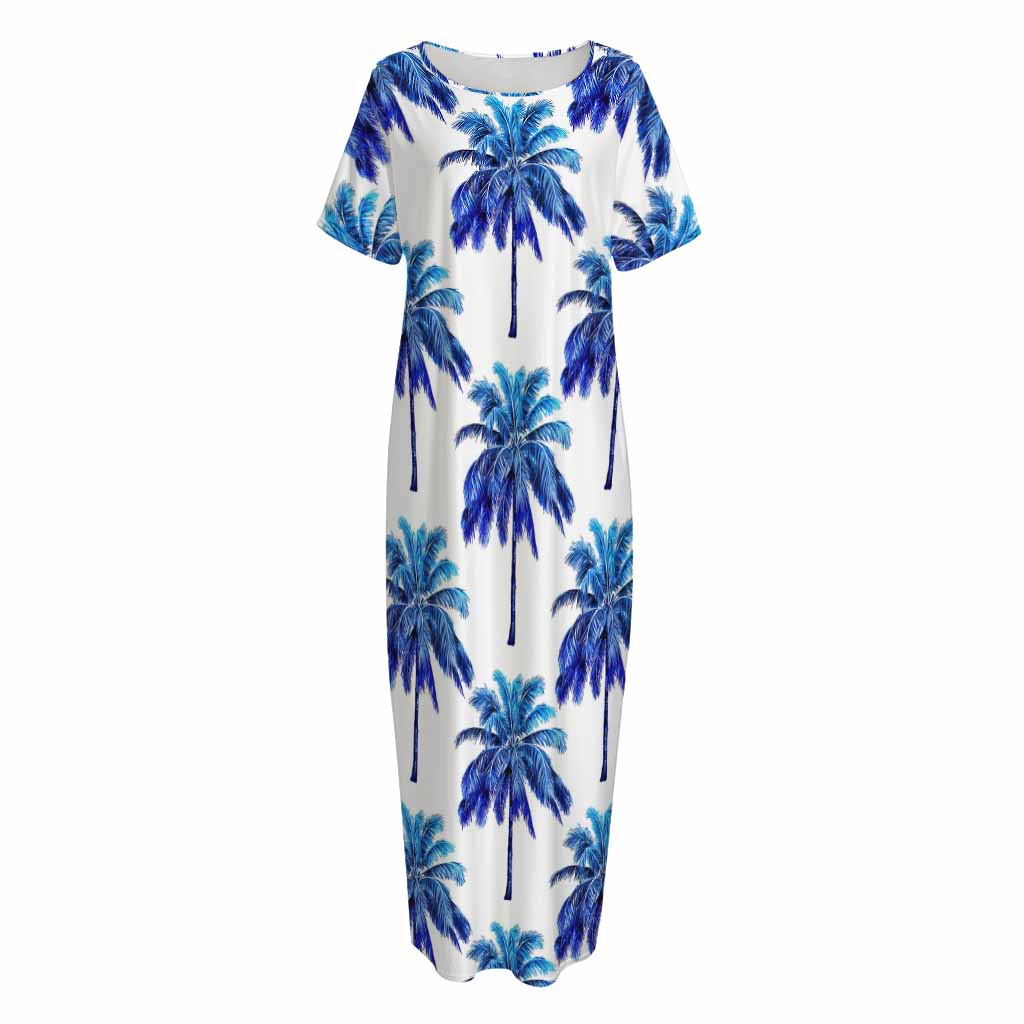 Blue Palm Tree Pattern Print Short Sleeve Long Nightdress