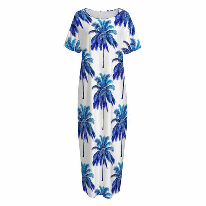 Blue Palm Tree Pattern Print Short Sleeve Long Nightdress