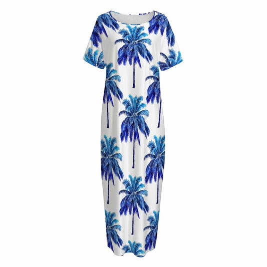 Blue Palm Tree Pattern Print Short Sleeve Long Nightdress