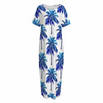 Blue Palm Tree Pattern Print Short Sleeve Long Nightdress