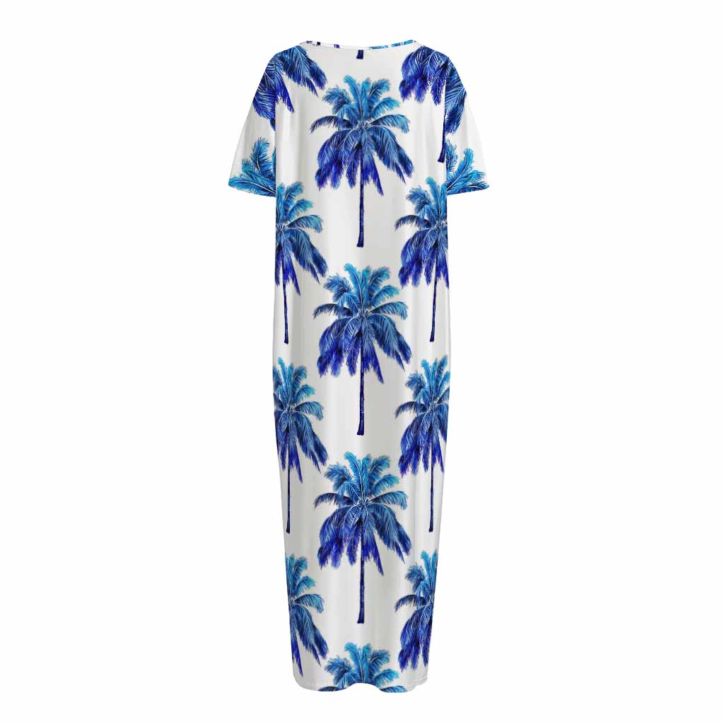 Blue Palm Tree Pattern Print Short Sleeve Long Nightdress