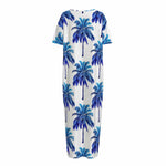 Blue Palm Tree Pattern Print Short Sleeve Long Nightdress