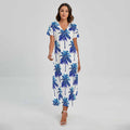 Blue Palm Tree Pattern Print Short Sleeve Maxi Dress