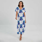 Blue Palm Tree Pattern Print Short Sleeve Maxi Dress