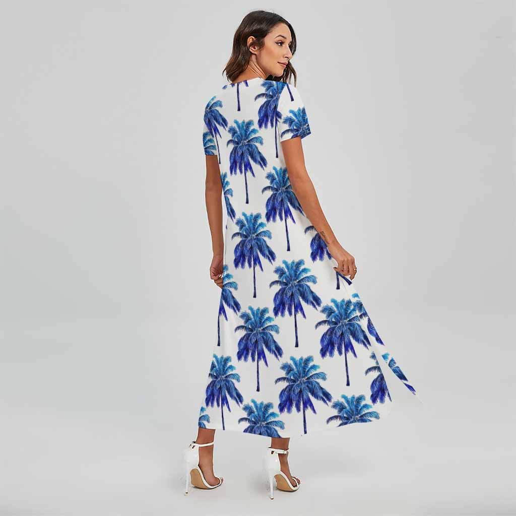 Blue Palm Tree Pattern Print Short Sleeve Maxi Dress