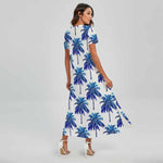 Blue Palm Tree Pattern Print Short Sleeve Maxi Dress