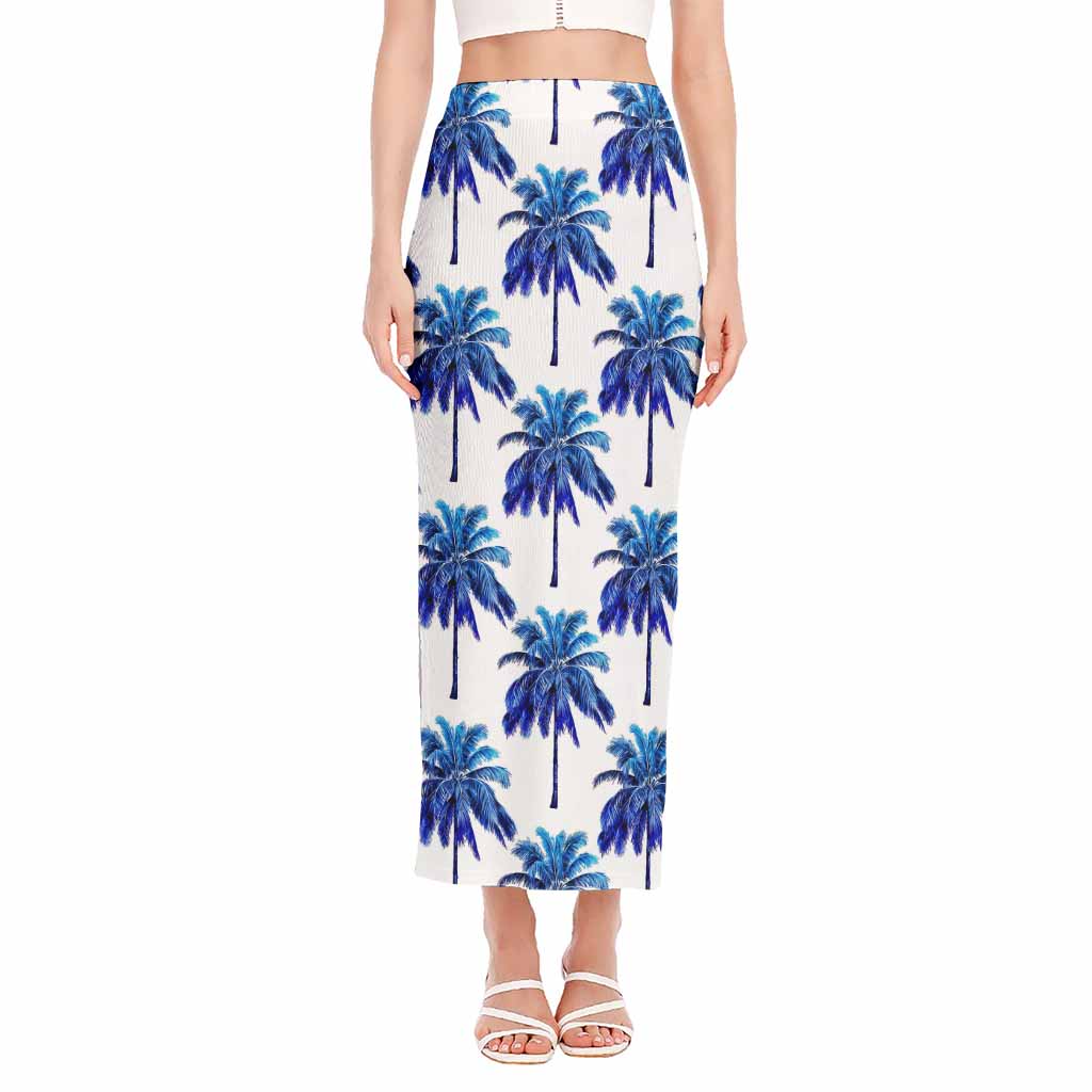 Blue Palm Tree Pattern Print Side Slit Maxi Skirt